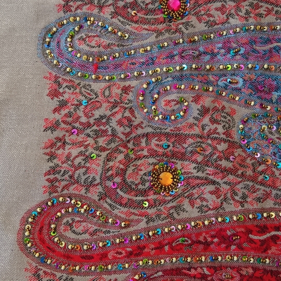 Colorful Large Paisley Embroidered Scarf With Handmade Colorful Sequins - Picture 2 of 11
